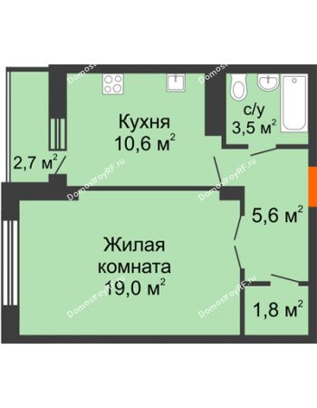 1 комнатная квартира 41,2 м² в ЖК Классик, дом № 90/4