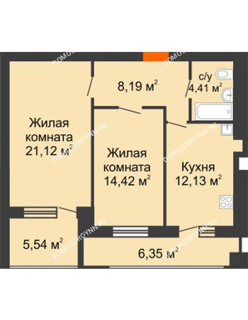 2 комнатная квартира 66,21 м² в ЖК Свобода, дом 2 очередь