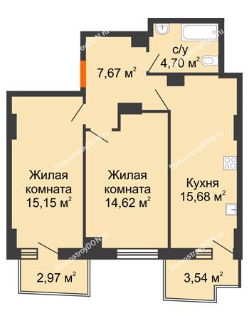 2 комнатная квартира 59,48 м² в ЖК Город у реки, дом Литер 7
