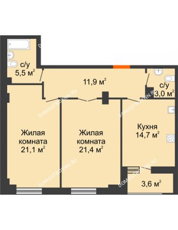 2 комнатная квартира 79,4 м² в ЖК Квартет, дом № 3