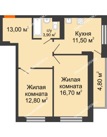 2 комнатная квартира 62,7 м² в ЖК На Тимошенко, дом № 1