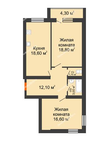 2 комнатная квартира 75,1 м² в ЖК Сиреневый квартал, дом Секция 2