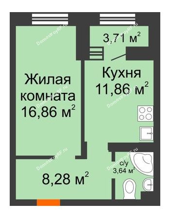 1 комнатная квартира 42,49 м² в ЖК Ренессанс, дом Литер 01 (Блок 1.2)