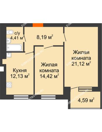 2 комнатная квартира 62,56 м² в ЖК Свобода, дом 2 очередь