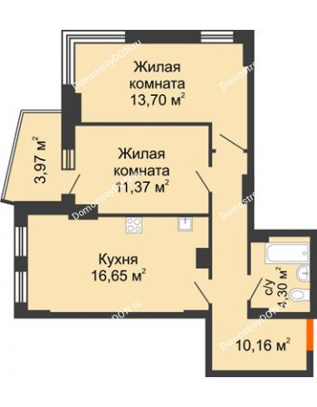 2 комнатная квартира 57,93 м² в ЖК Город у реки, дом Литер 7