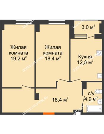 2 комнатная квартира 74,4 м² в ЖК Квартет, дом № 3