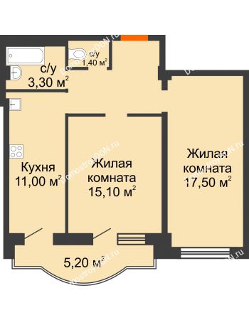 2 комнатная квартира 61 м² в ЖК Парк Островского 2, дом № 1