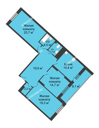 3 комнатная квартира 108 м² в ЖК Монолит, дом № 89, корп. 3