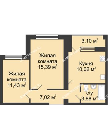 2 комнатная квартира 49,29 м² в ЖК Удачный, дом № 4