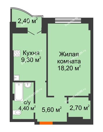 1 комнатная квартира 42,6 м² в ЖК Парк Островского 2, дом № 1
