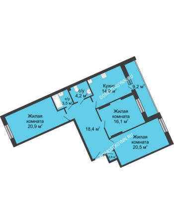 3 комнатная квартира 108 м² в ЖК Монолит, дом № 89, корп. 3