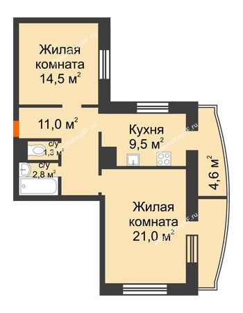 2 комнатная квартира 64,7 м² в ЖК Спутник, дом Позиция 4