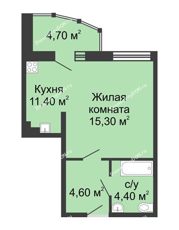 1 комнатная квартира 40,4 м² в ЖК Мега, дом № 2