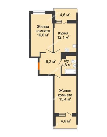 2 комнатная квартира 56,5 м² в ЖК Отражение, дом Литер 1.2