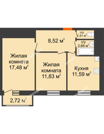 2 комнатная квартира 56,34 м² в ЖК Книги, дом № 1