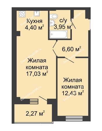 2 комнатная квартира 48,4 м² в ЖК Соловьиная роща, дом № 1
