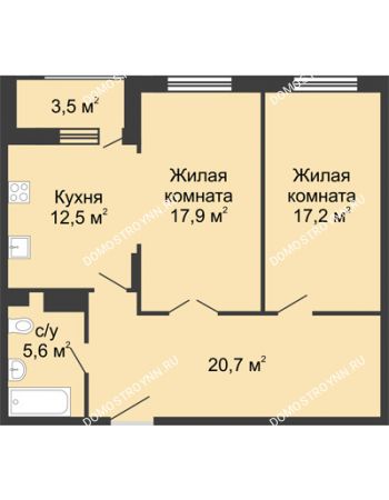 2 комнатная квартира 75,65 м² в ЖК Сердце Нижнего, дом № 35
