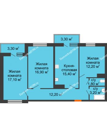 3 комнатная квартира 81,45 м² в ЖК SkyPark (Скайпарк), дом Литер 2, 3 этап