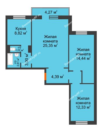 3 комнатная квартира 75,13 м² в ЖК Плодово-Ягодный, дом № 1