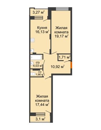 2 комнатная квартира 74,57 м² в ЖК Суворов-Сити, дом 2 очередь секция 1-5