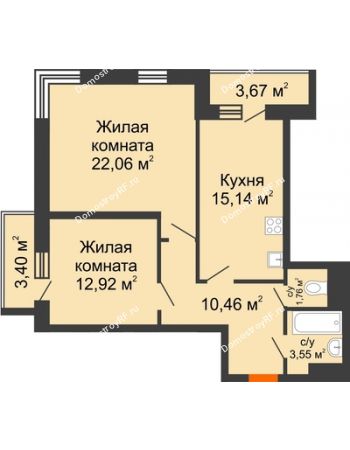 2 комнатная квартира 71,4 м² в ЖК Галактика, дом Литер 2