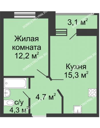 1 комнатная квартира 38,05 м² в ЖК Цветы, дом № 10