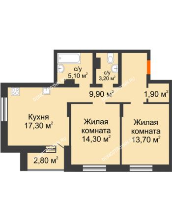 2 комнатная квартира 68,2 м² в ЖК Подкова на Цветочной, дом № 9