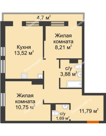 3 комнатная квартира 54,54 м² в ЖК Сердце Сибири, дом № 76, квартал Геологов (ГП-2)