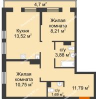 3 комнатная квартира 54,54 м² в ЖК Сердце Сибири, дом Квартал Геологов, ГП-2 - планировка