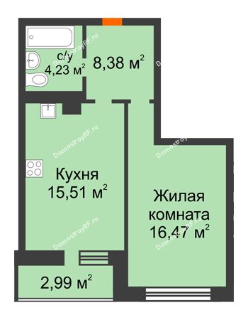 1 комнатная квартира 44,59 м² - ЖК ГОРОДСКОЙ КВАРТАЛ UNO (УНО)