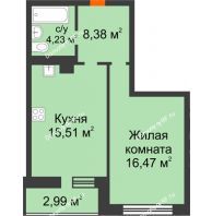 1 комнатная квартира 44,59 м², ЖК ГОРОДСКОЙ КВАРТАЛ UNO (УНО) - планировка