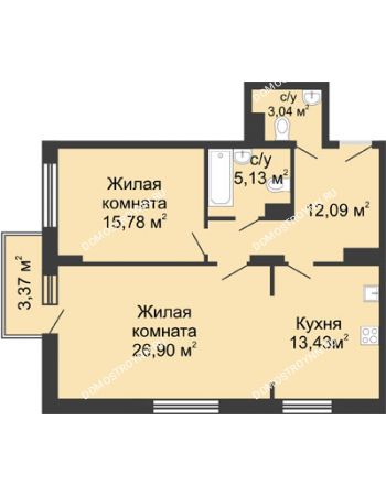 2 комнатная квартира 76,37 м² в ЖК Высоково, дом № 3