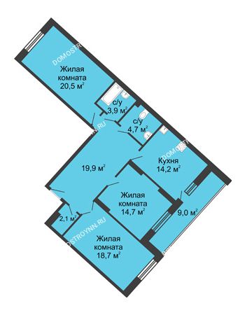 3 комнатная квартира 107,7 м² в ЖК Монолит, дом № 89, корп. 3