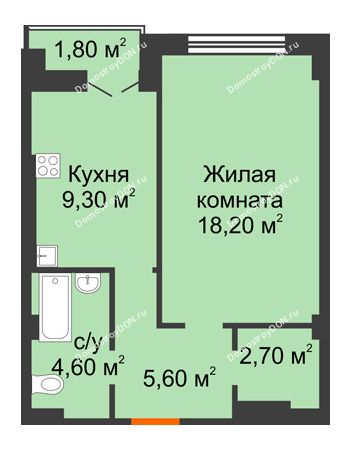 1 комнатная квартира 42,2 м² в ЖК Парк Островского 2, дом № 1