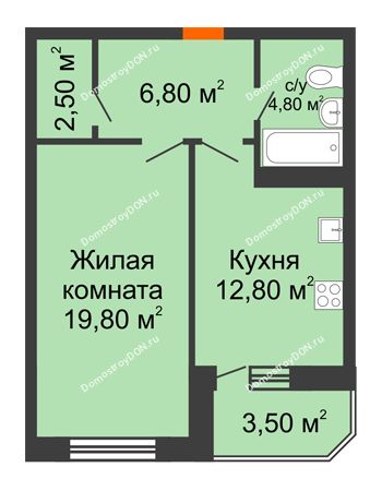 1 комнатная квартира 47,8 м² в ЖК Звездный-2, дом № 1