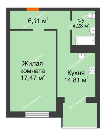 1 комнатная квартира 42,67 м² - ЖК Зеленый квартал 2