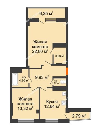 2 комнатная квартира 72,34 м² в  ЖК РИИЖТский Уют, дом Секция 3