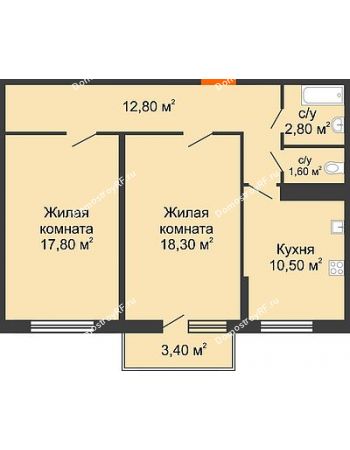 2 комнатная квартира 64,8 м² в ЖК Fresh (Фреш, Белые Паруса), дом Литер 2
