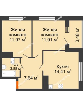 2 комнатная квартира 51,75 м² в ЖК Юго-Западный	, дом ГП-1
