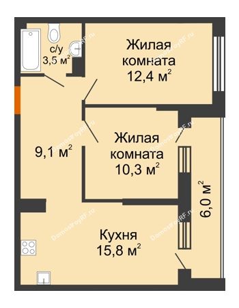 2 комнатная квартира 53,8 м² в ЖК Самолет, дом 4 очередь - Литер 22