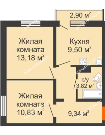 2 комнатная квартира 47,54 м² в ЖК Торпедо, дом № 16