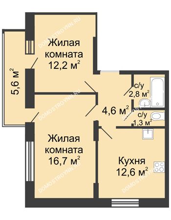 2 комнатная квартира 51,88 м² в ЖК Цветы, дом № 10