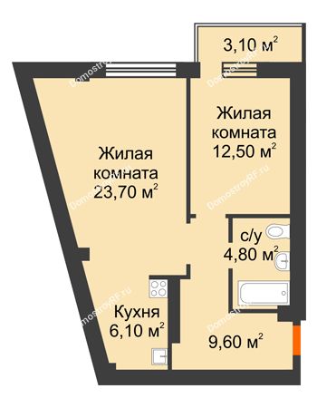 2 комнатная квартира 57,63 м² в Микрорайон Европейский, дом №9 блок-секции 1,2