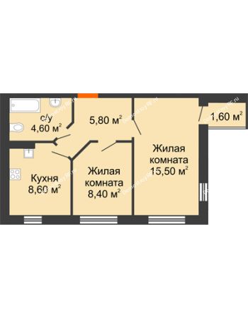 2 комнатная квартира 44,5 м² в ЖК Куйбышев, дом № 4