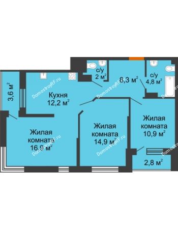 3 комнатная квартира 73,2 м² в ЖК Самолет, дом 4 очередь - Литер 22