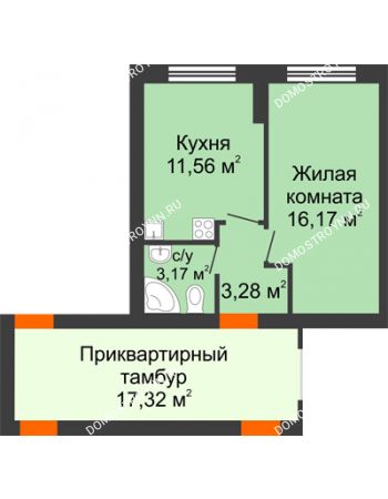 1 комнатная квартира 34,4 м² - ЖК Янтарный