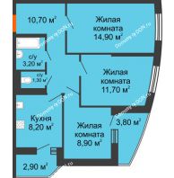 3 комнатная квартира 62,2 м² в ЖК Вересаево, дом Литер 14 - планировка