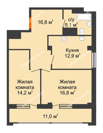 2 комнатная квартира 71,3 м² в ЖК Квартет, дом № 3