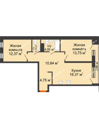 2 комнатная квартира 67,58 м² в Микрорайон Видный	, дом ГП-20