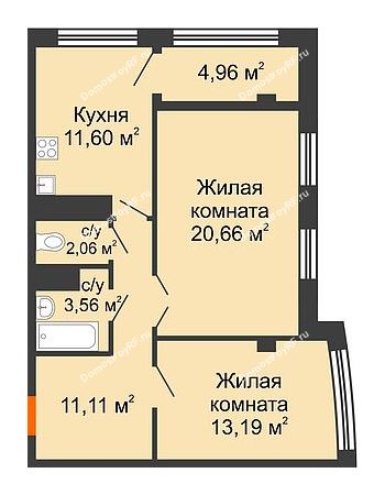 2 комнатная квартира 67,14 м² в ЖК Малахит, дом № 1